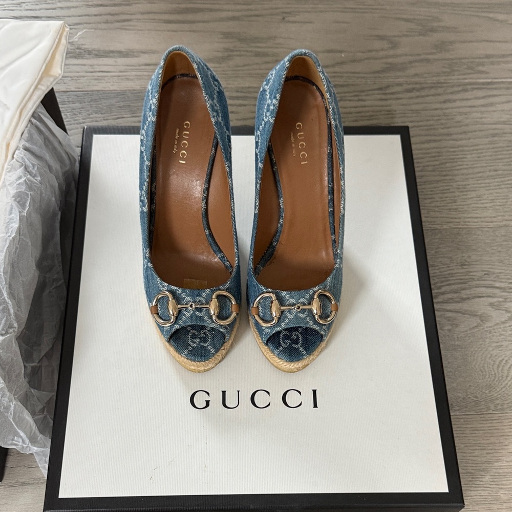Gucci Blue Denim Heels with Silver Accents